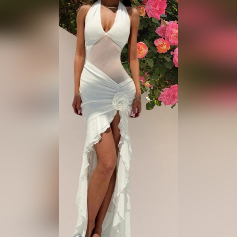 Ivory High-Low Halter Maxi Dress with Rosette Detail